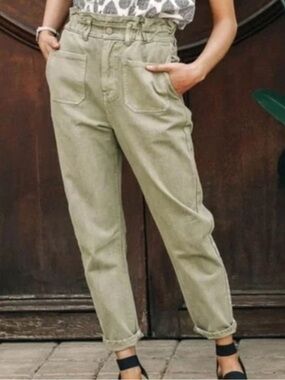 Bohme Distressed Sage Green Utility High Rise Paper Bag Barrel Cropped Leg Jeans